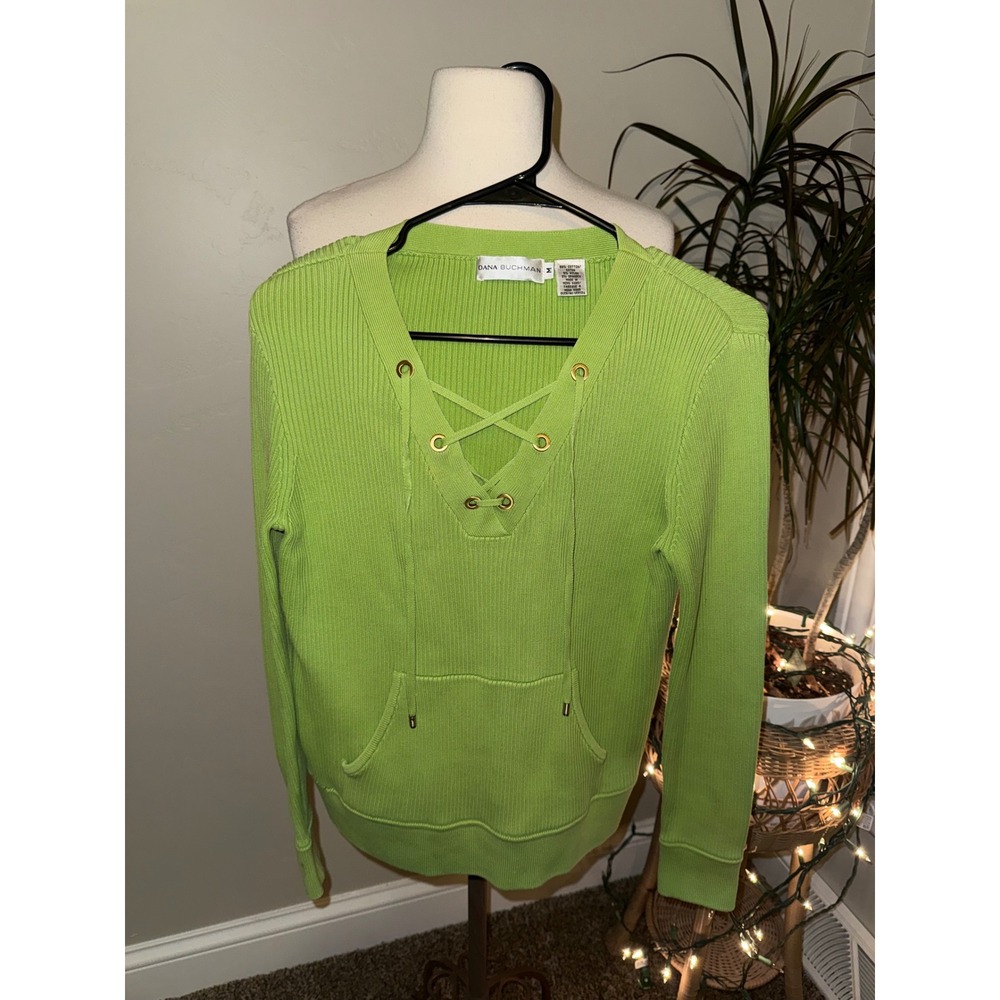 Dana Buchman Lime Green‎ Ribbed Lace Up Hoodie Pullover Pocket Sweatshirt M